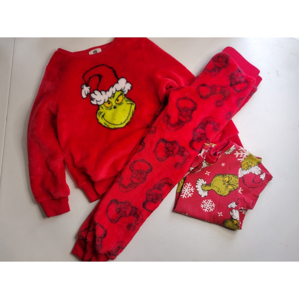 Dr Seuss The Grinch Kids 3 Piece Pajama Set Red Fuzzy Fleece PJs Size S 7/8